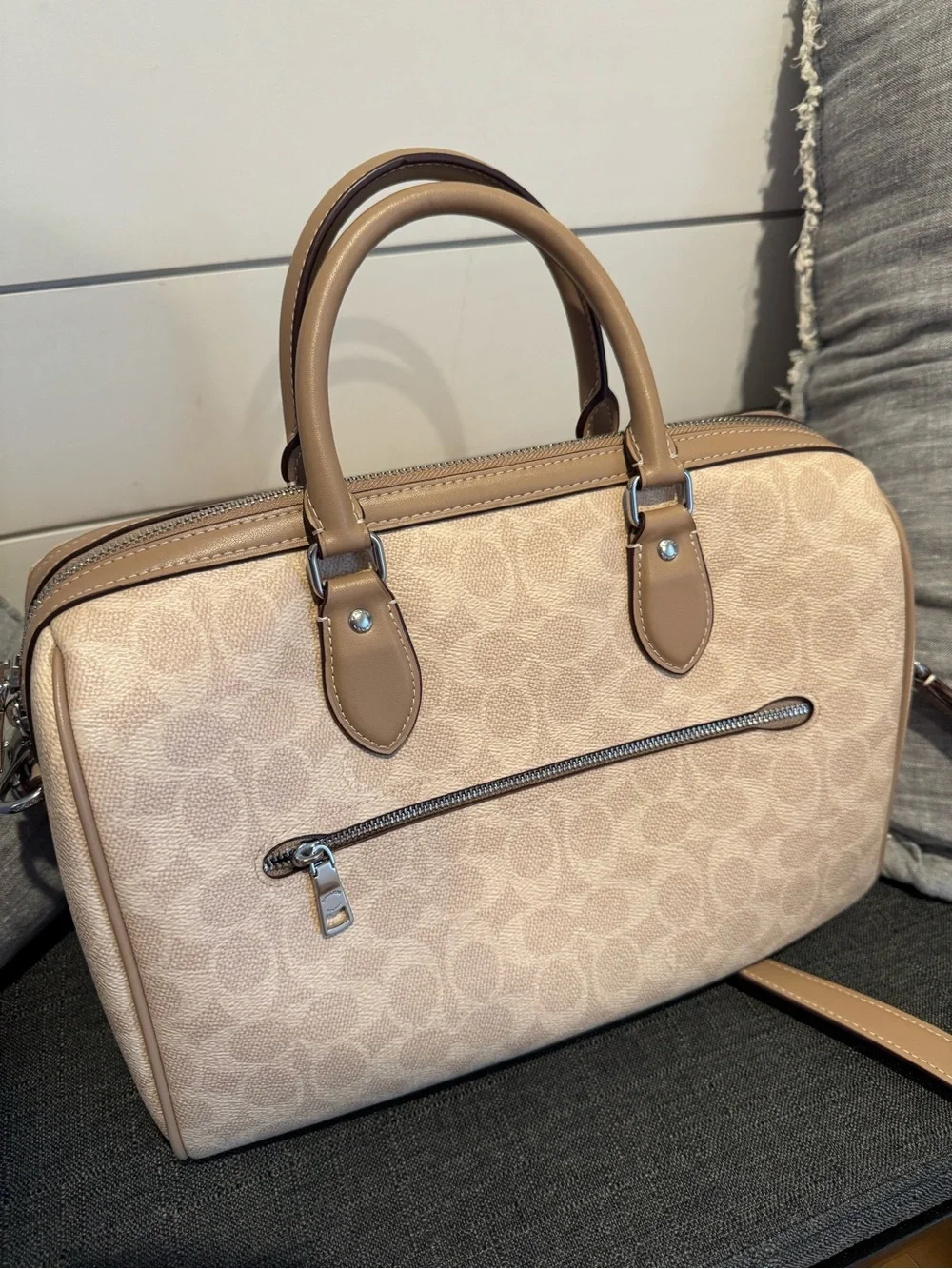 Coach Beige Signature Satchel with Pearl and Cherry Charm